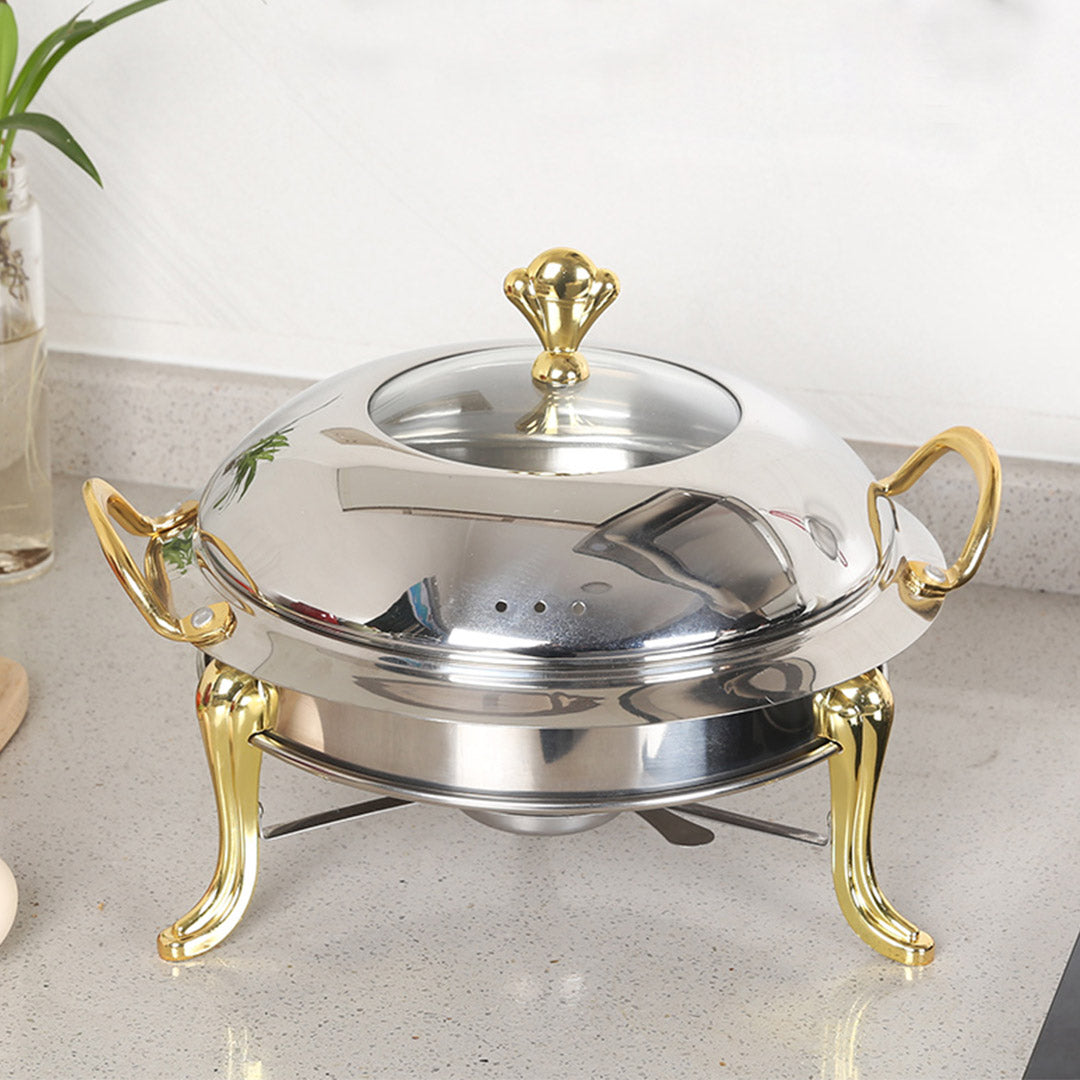 Soga Stainless Steel Gold Accents Round Buffet Chafing Dish Cater Food Warmer Chafer With Glass Top Lid