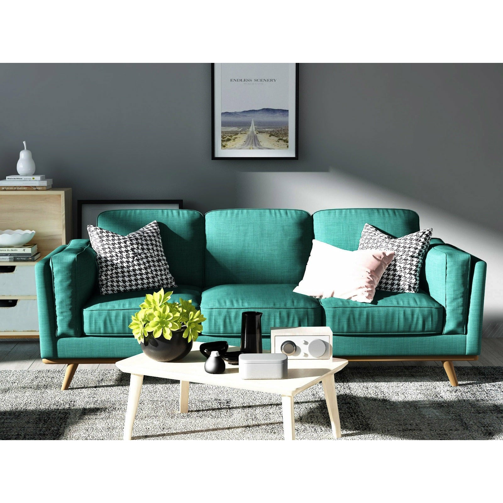 3 Seater Sofa Teal Fabric Lounge Set for Living Room Couch with Wooden Frame