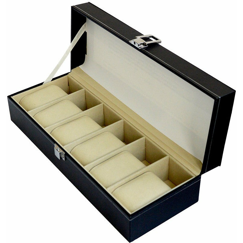 6 Slot Mens Watch Display Case Box Black PU Leather