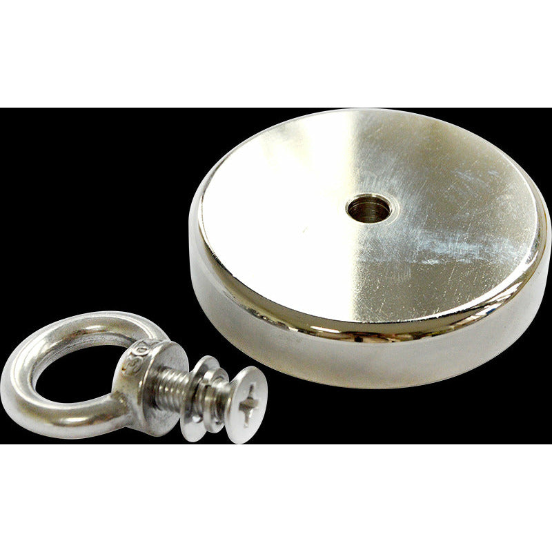 Round Neodymium Fishing Magnet with Countersunk Hole and Eyebolt, 500 LBS pull