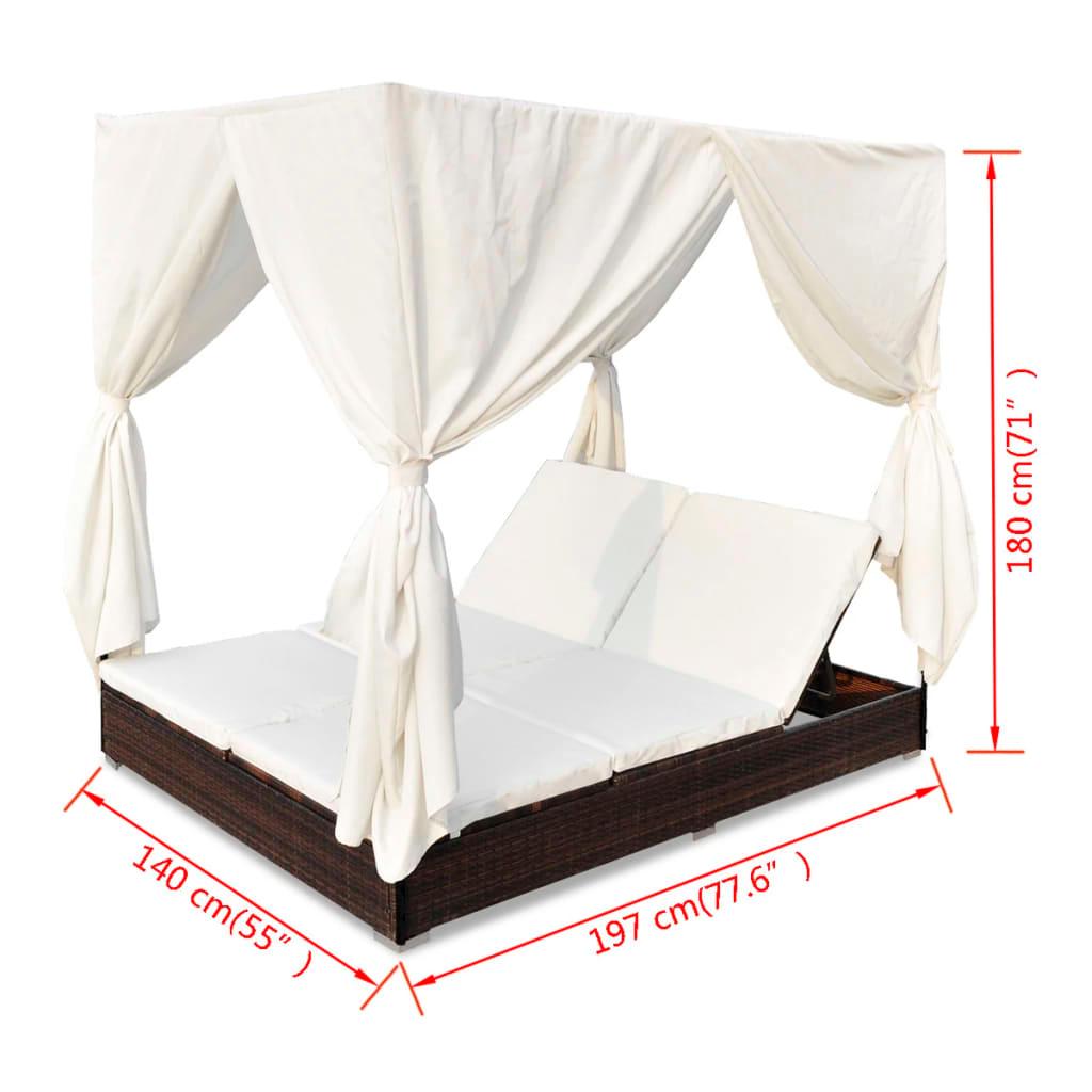 Outdoor Lounge Bed with Curtains Poly Rattan Brown