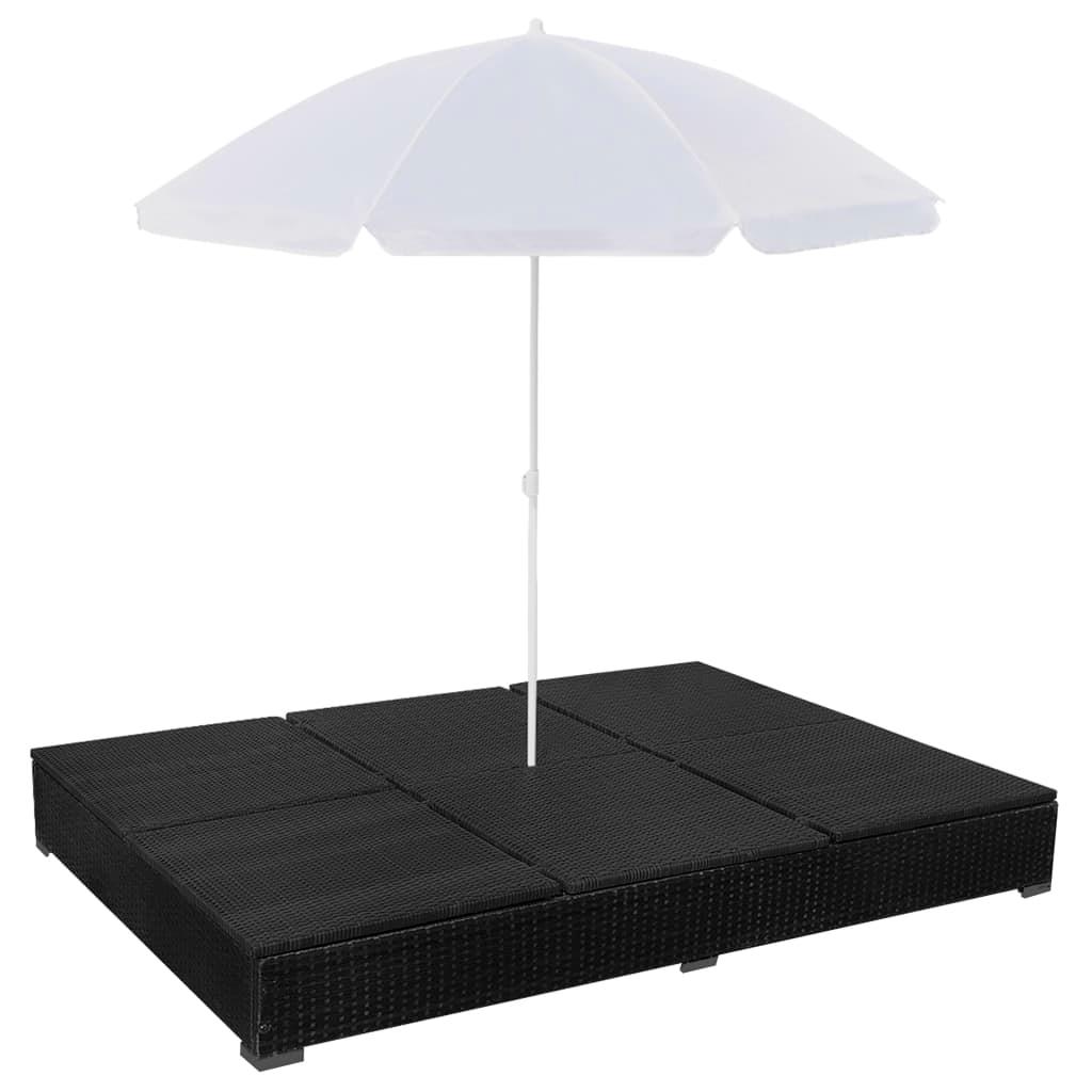 Outdoor Lounge Bed with Umbrella Poly Rattan Black