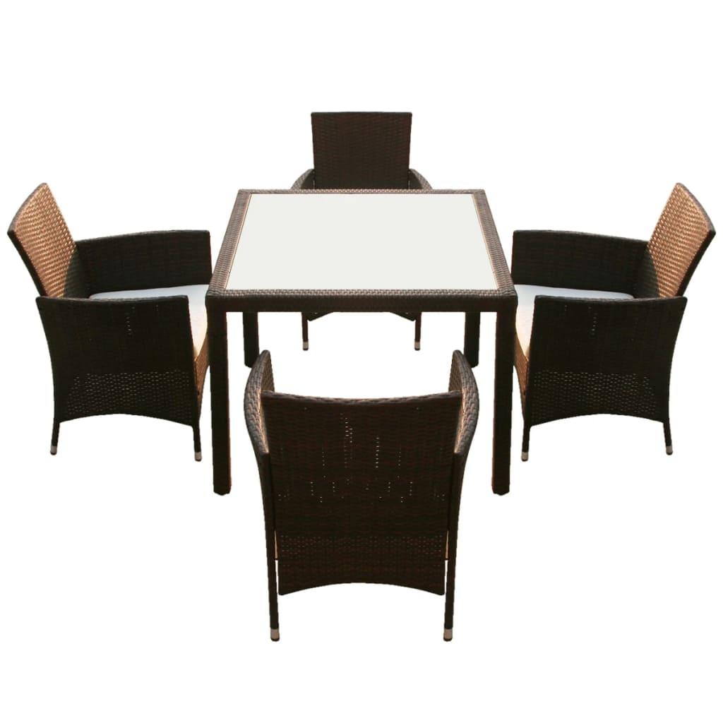 5 Piece Outdoor Dining Set with Cushions Poly Rattan Brown