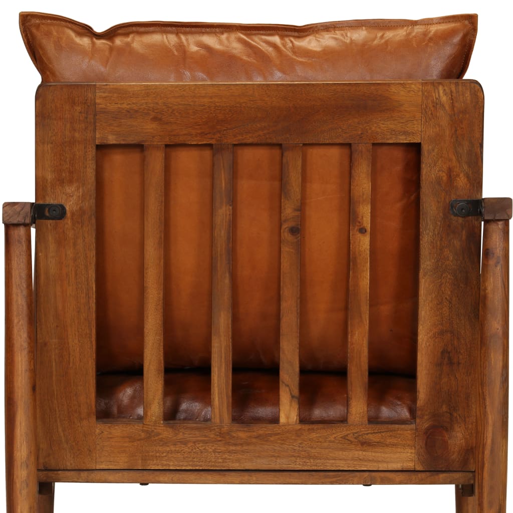 Armchair Brown Real Leather with Acacia Wood