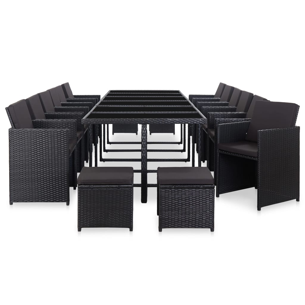 17 Piece Outdoor Dining Set with Cushions Poly Rattan Black