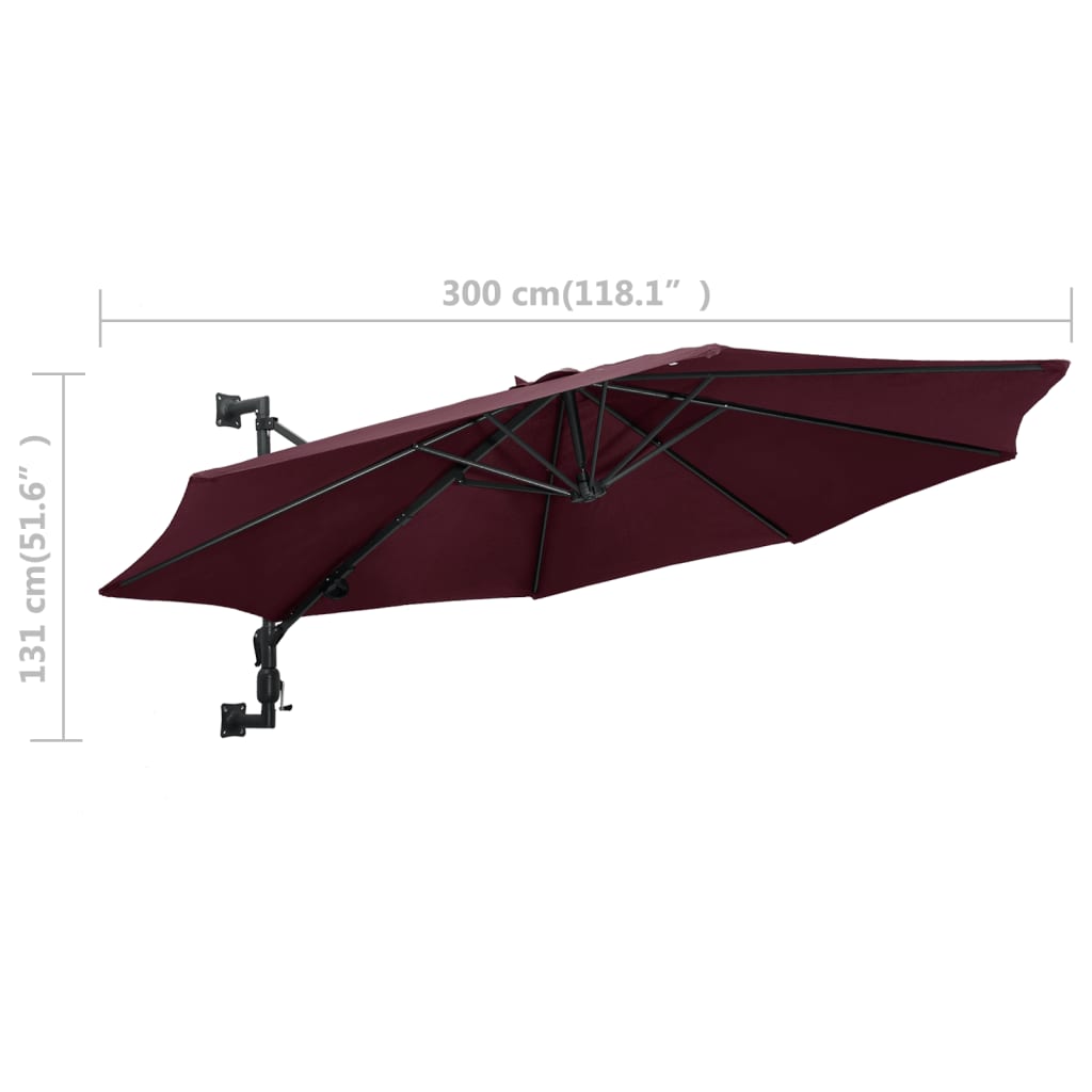 Wall-Mounted Garden Parasol with Metal Pole 300 cm Burgundy