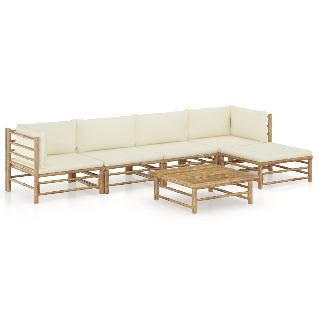 6 Piece Garden Lounge Set with Cream White Cushions Bamboo