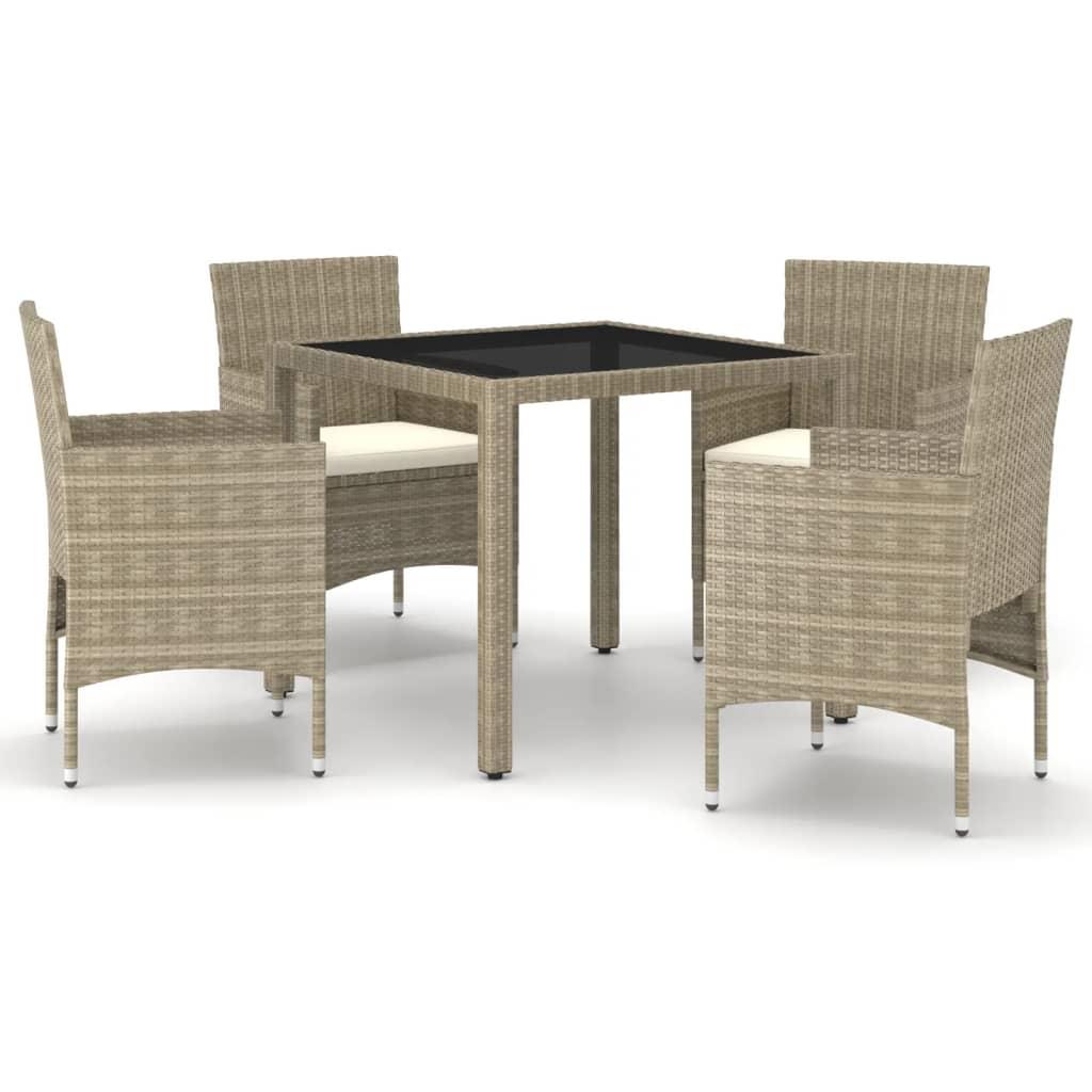 5 Piece Garden Dining Set Poly Rattan and Tempered Glass Beige