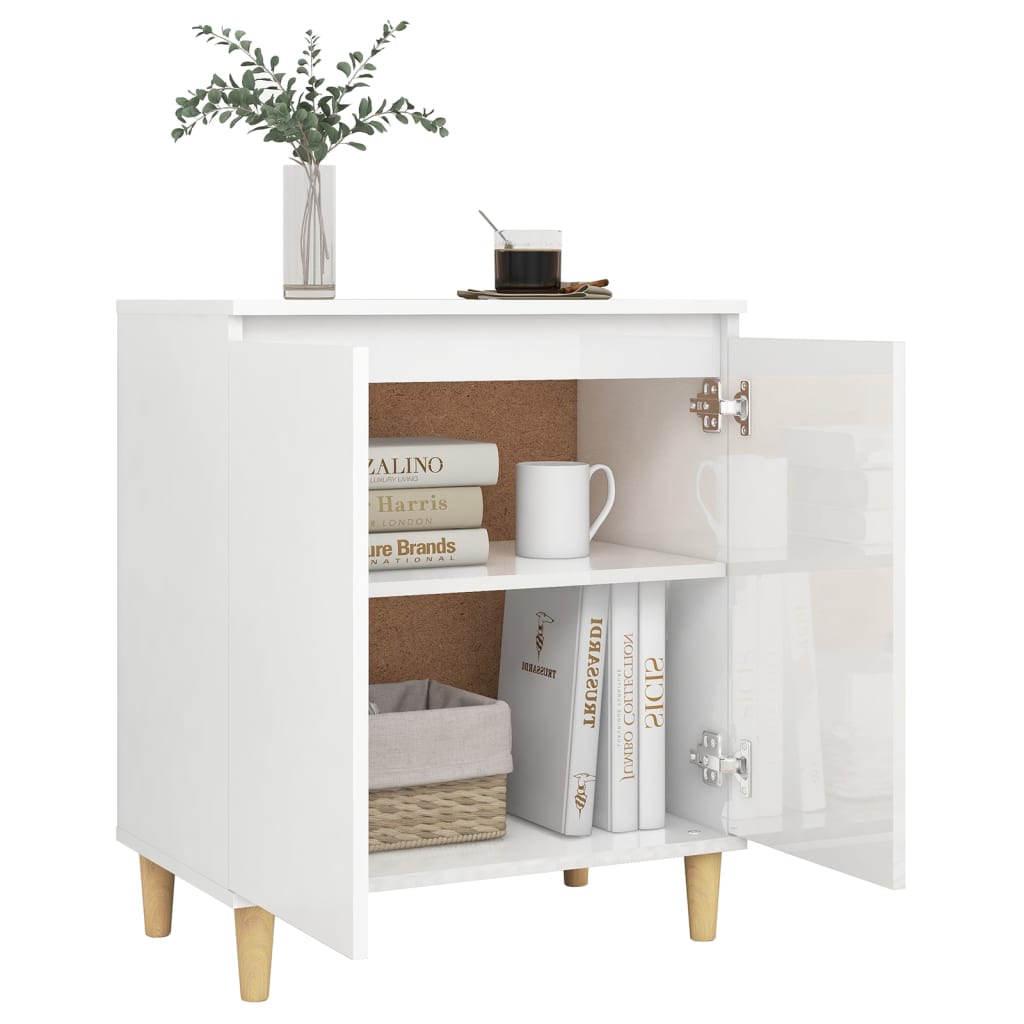 Sideboard&Solid Wood Legs High Gloss White 60x35x70cm Engineered Wood