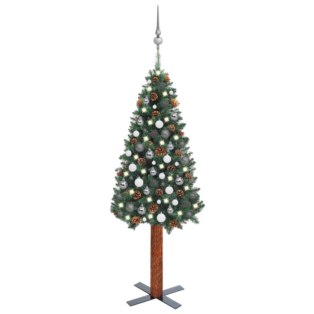 Slim Christmas Tree with LEDs&amp;Ball Set Green 150 cm PVC