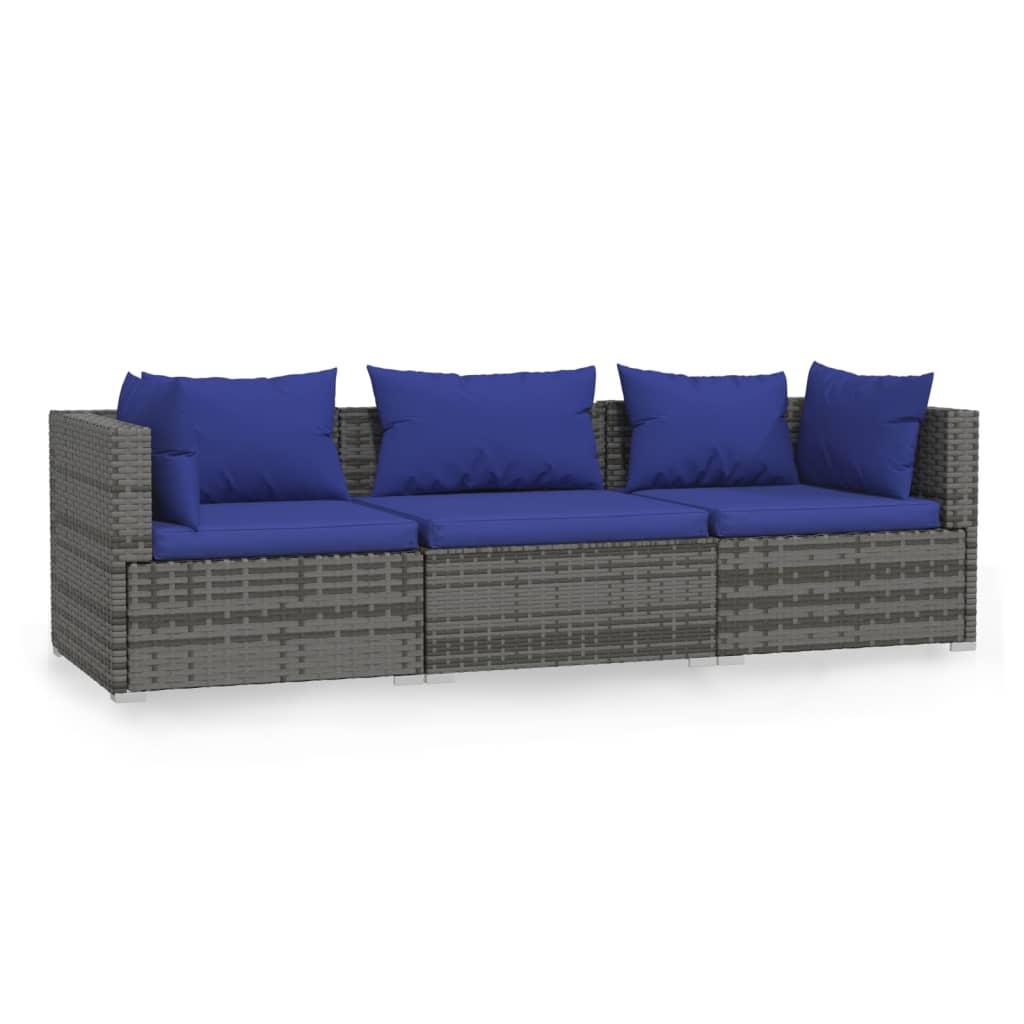 3-Seater Sofa with Cushions Grey Poly Rattan