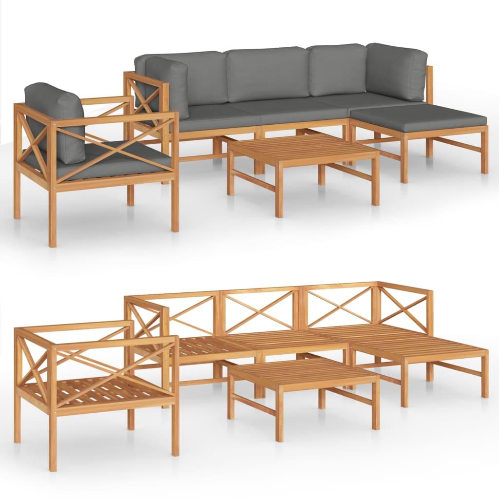 6 Piece Garden Lounge Set with Grey Cushions Solid Wood Teak