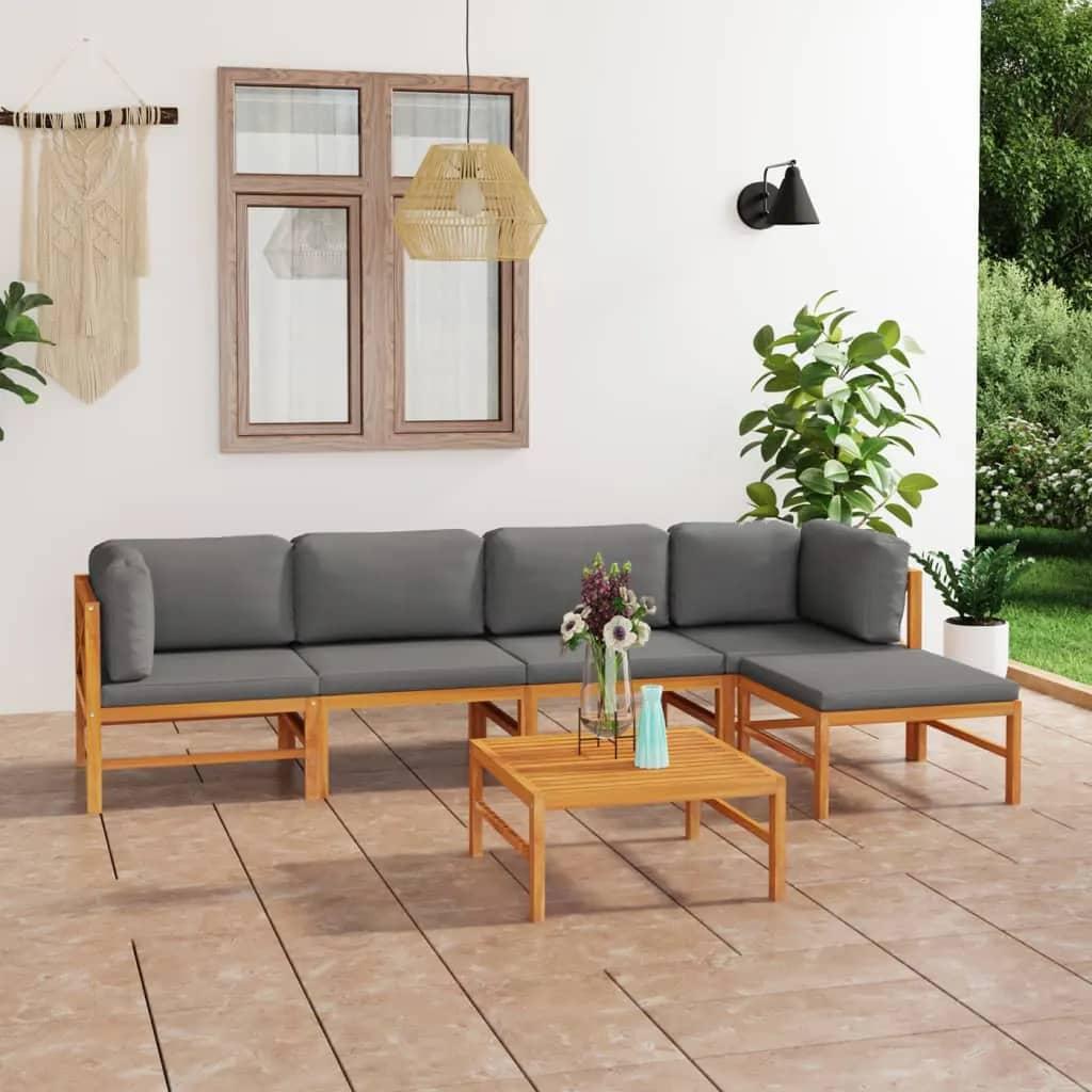 6 Piece Garden Lounge Set with Grey Cushions Solid Teak Wood