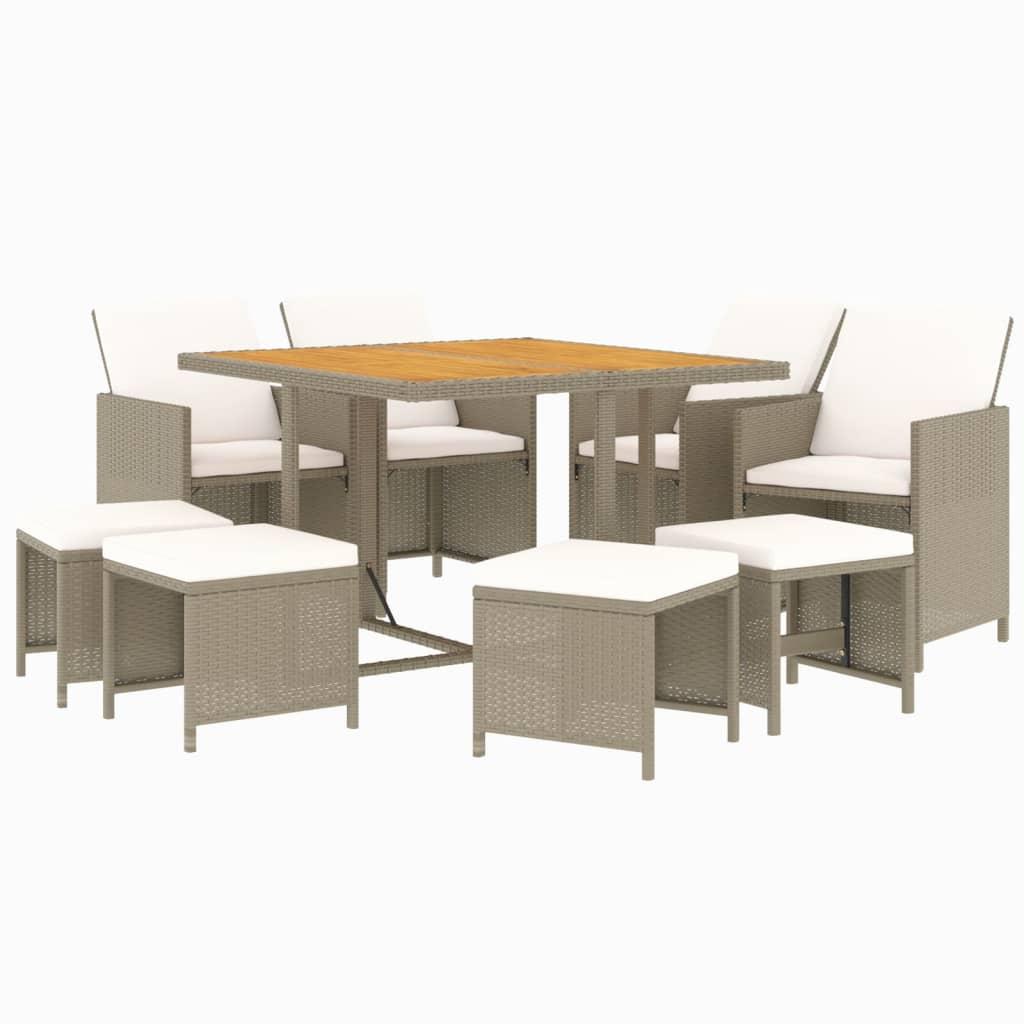 9 Piece Garden Dining Set with Cushions Poly Rattan Beige