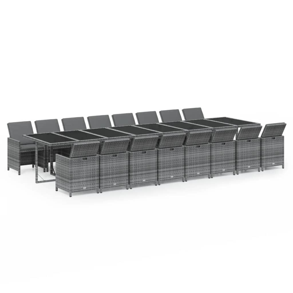 17 Piece Garden Dining Set with Cushions Grey Poly Rattan