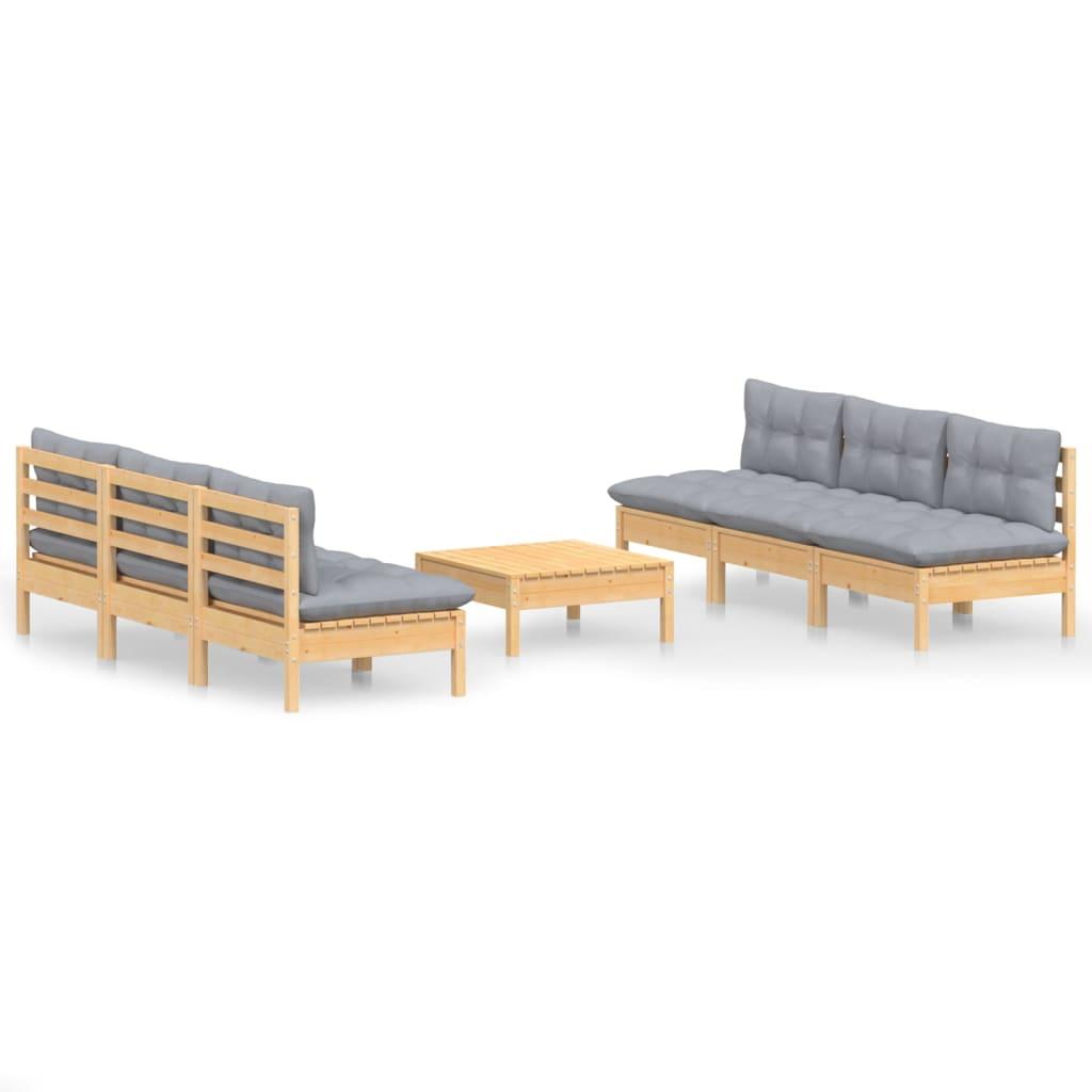 7 Piece Garden Lounge Set with Grey Cushions Pinewood
