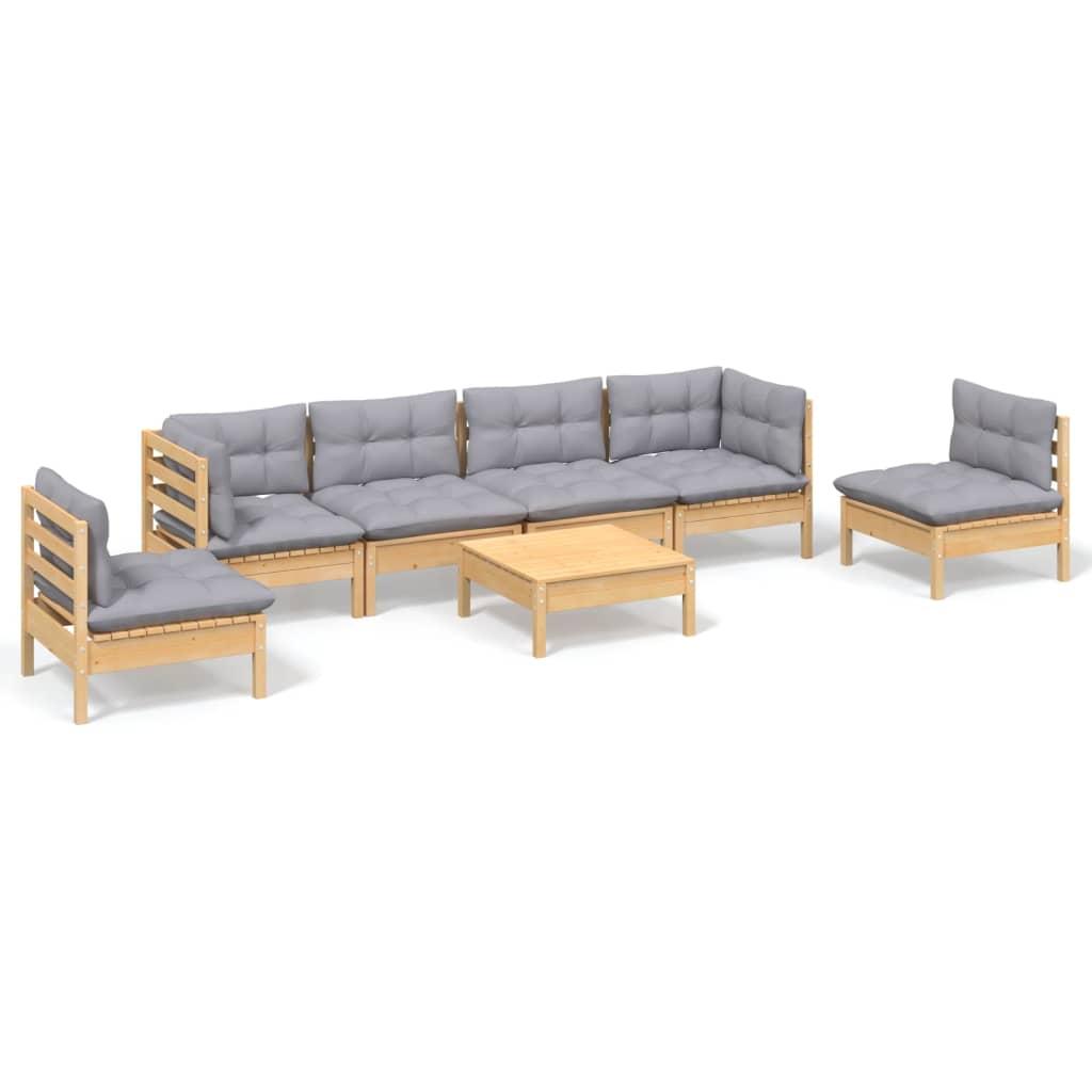 7 Piece Garden Lounge Set with Grey Cushions Solid Pinewood