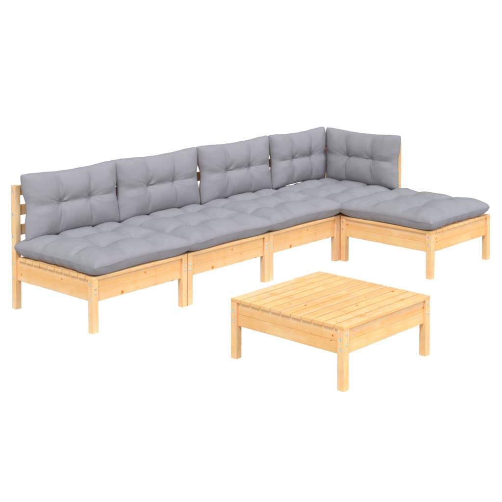 6 Piece Garden Lounge Set with Grey Cushions Pinewood