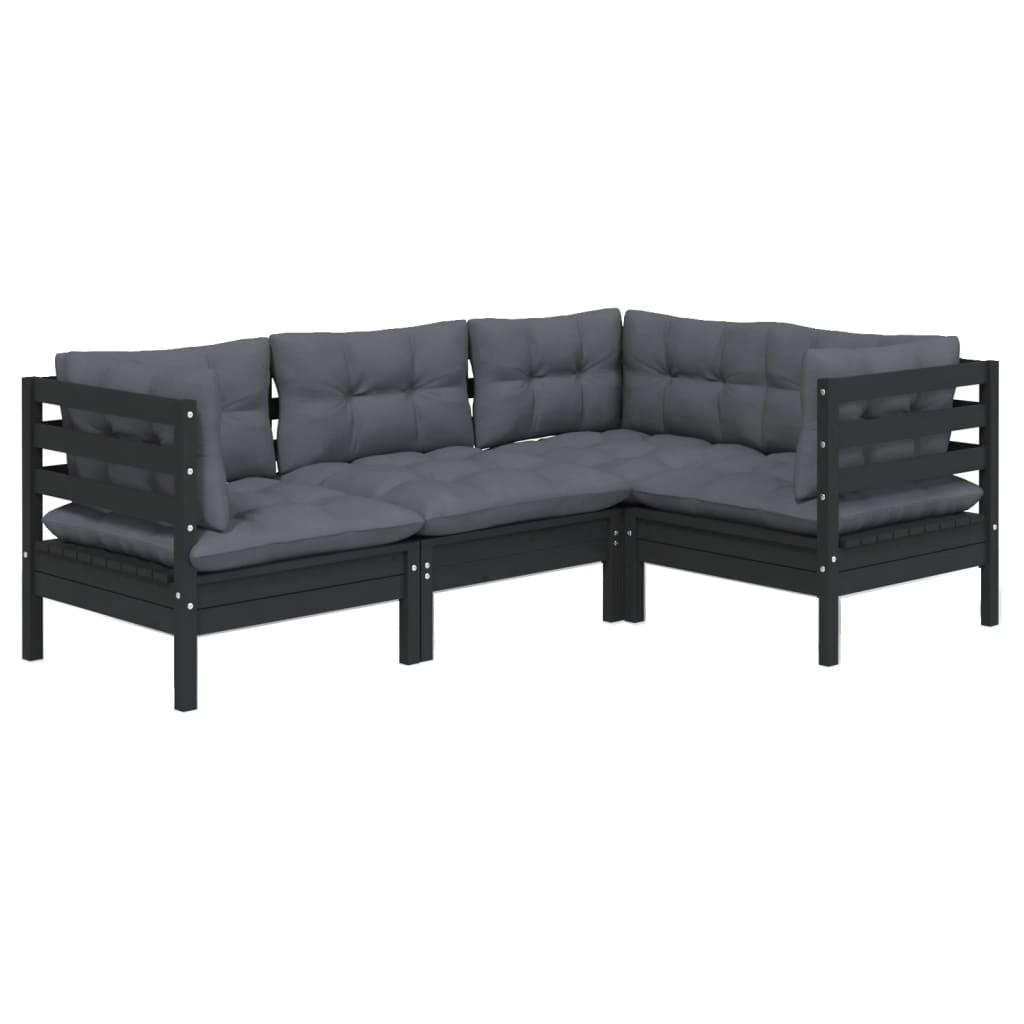 4 Piece Garden Lounge Set with Cushions Black Pinewood