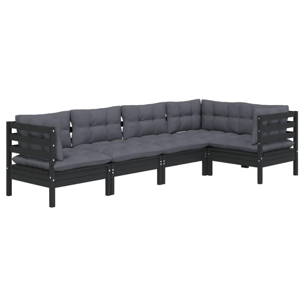 5 Piece Garden Lounge Set with Cushions Black Pinewood