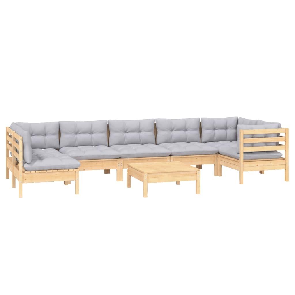 8 Piece Garden Lounge Set with Grey Cushions Pinewood