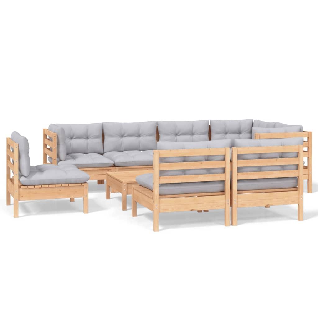 9 Piece Garden Lounge Set with Grey Cushions Solid Pinewood