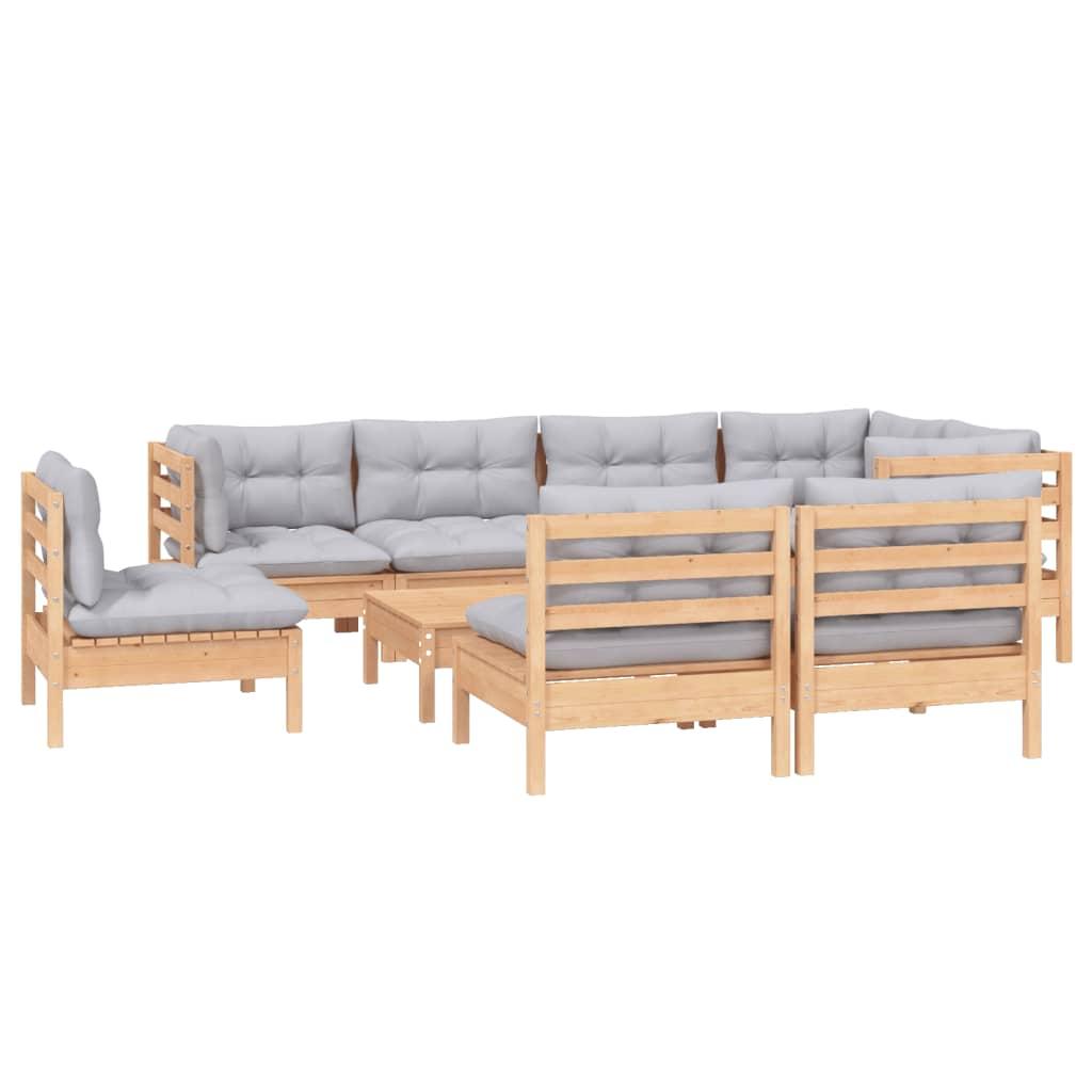 9 Piece Garden Lounge Set with Grey Cushions Solid Pinewood