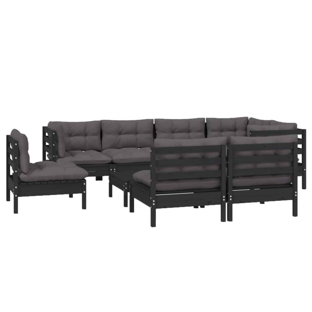 9 Piece Garden Lounge Set with Cushions Black Solid Pinewood