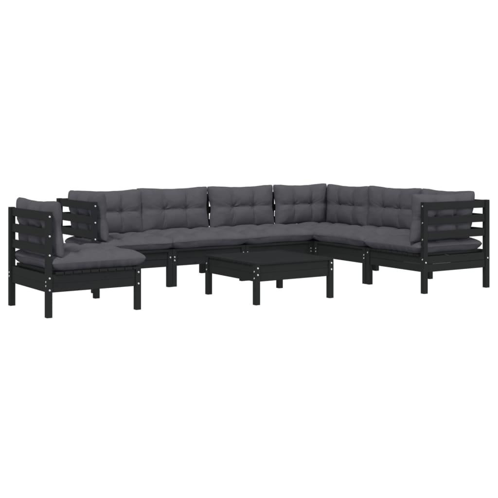 8 Piece Garden Lounge Set with Cushions Black Solid Pinewood