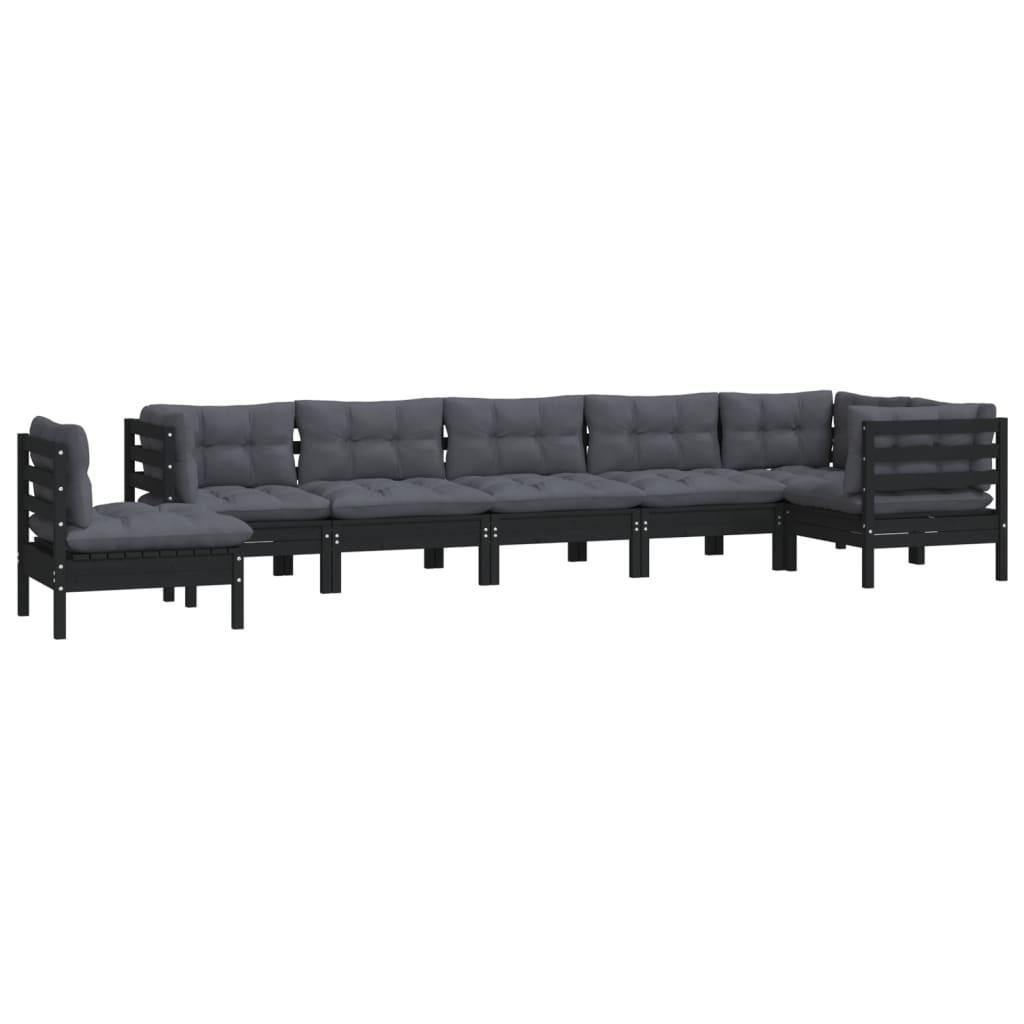 8 Piece Garden Lounge Set with Cushions Black Solid Pinewood