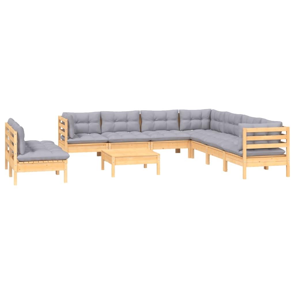 10 Piece Garden Lounge Set with Grey Cushions Solid Pinewood
