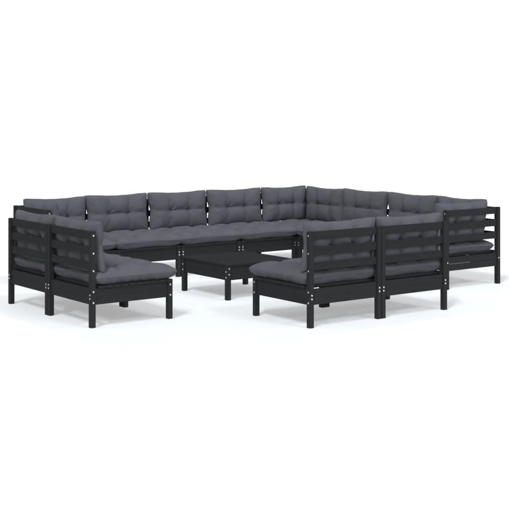 13 Piece Garden Lounge Set with Cushions Black Solid Pinewood