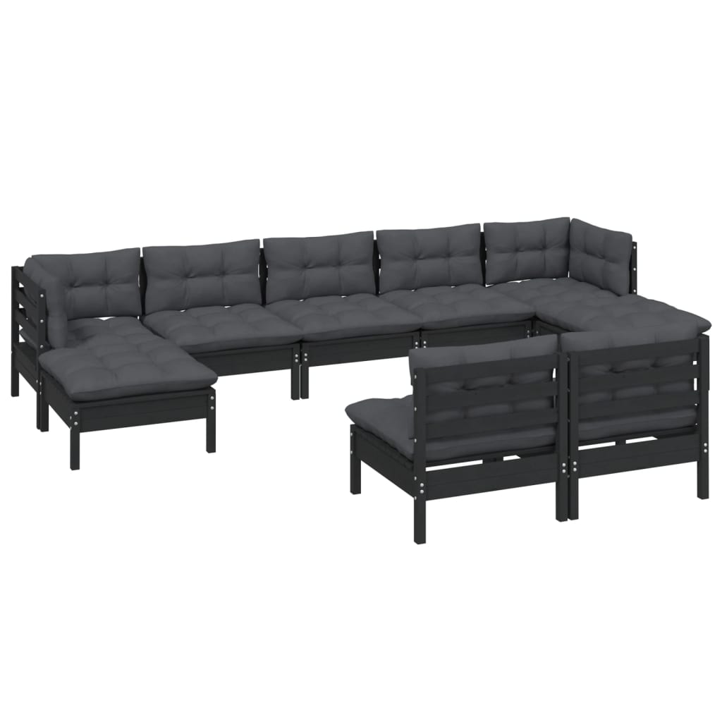 9 Piece Garden Lounge Set with Cushions Black Pinewood