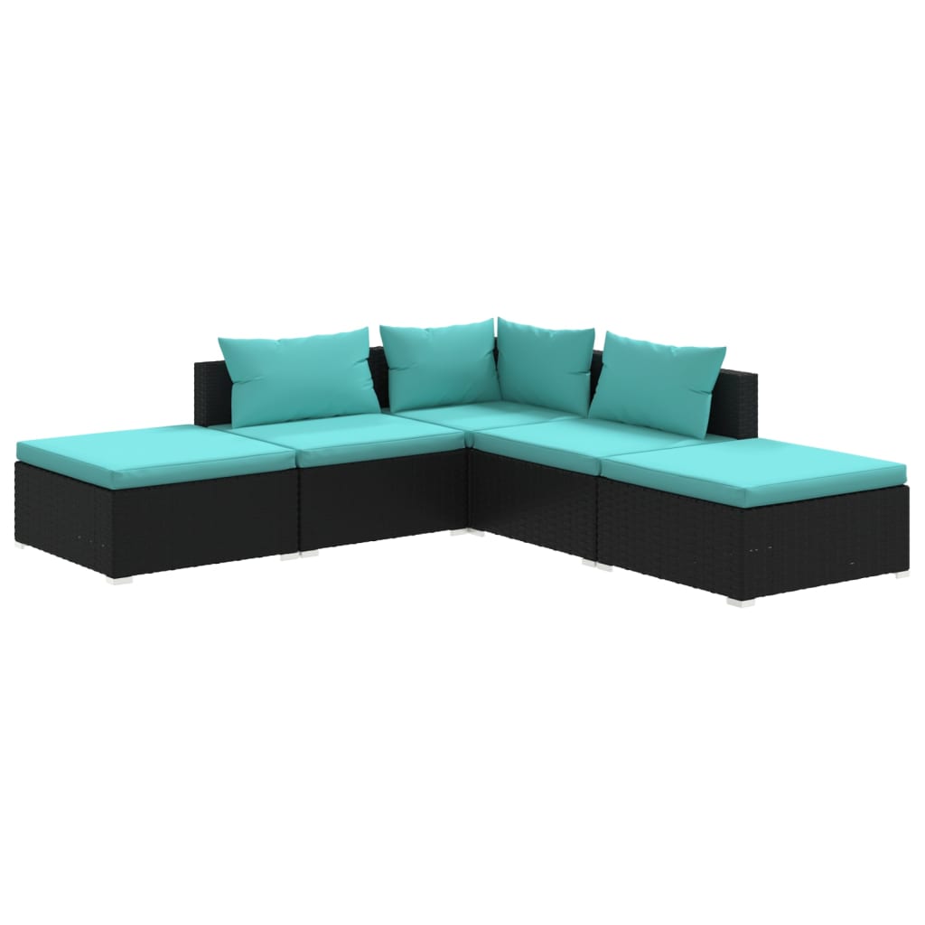5 Piece Garden Lounge Set with Cushions Poly Rattan Black