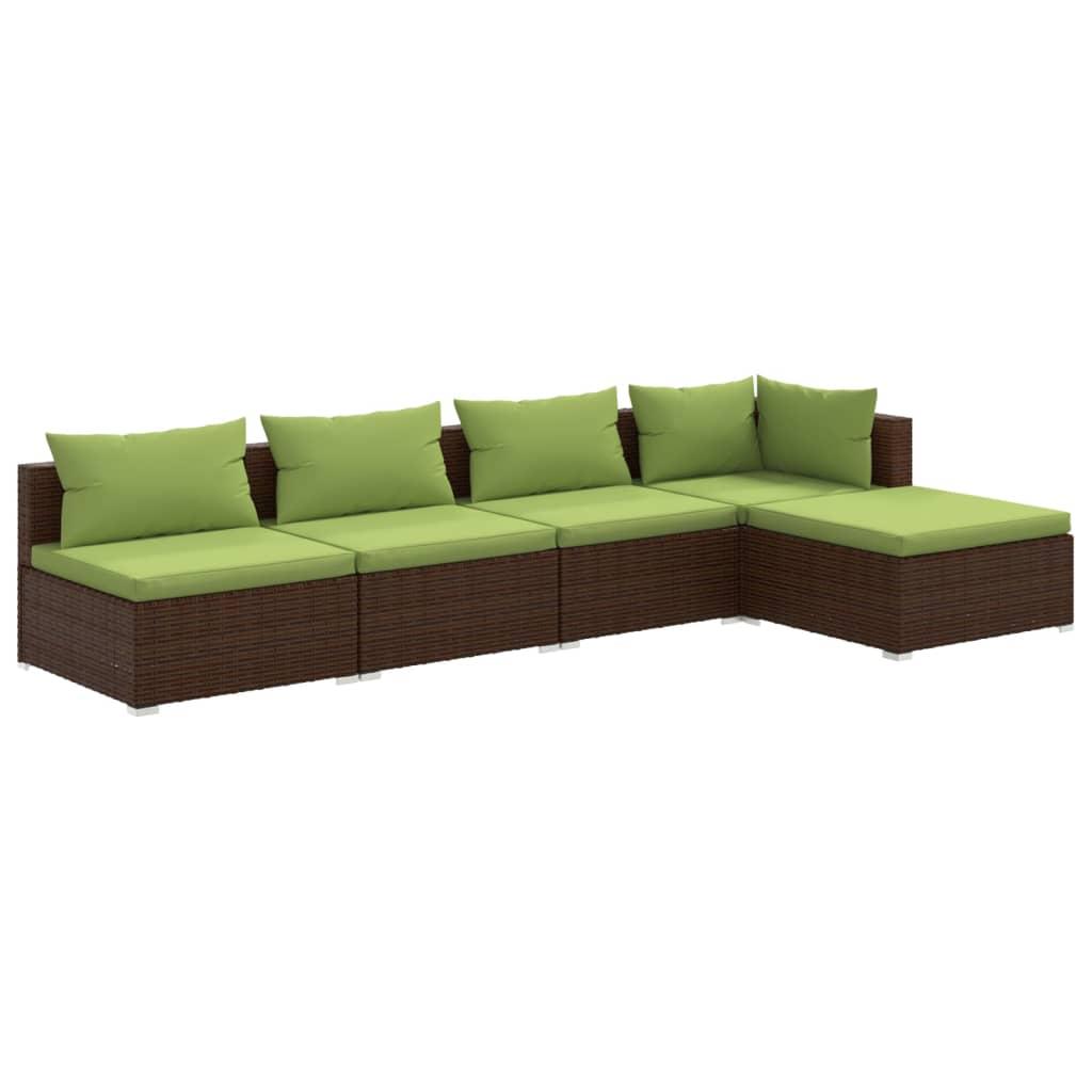 5 Piece Garden Lounge Set with Cushions Poly Rattan Brown