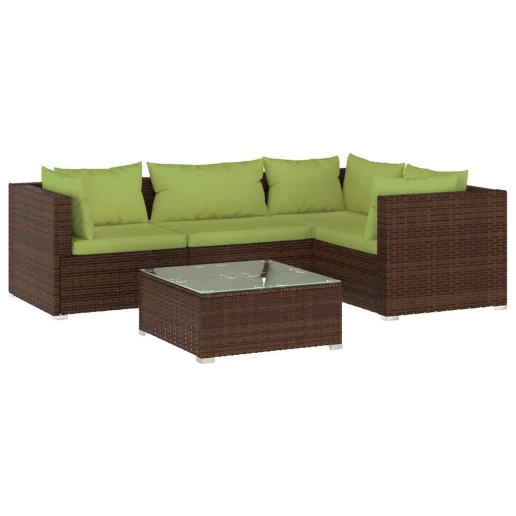 5 Piece Garden Lounge Set with Cushions Poly Rattan Brown