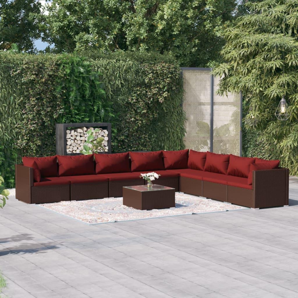 9 Piece Garden Lounge Set with Cushions Poly Rattan Brown