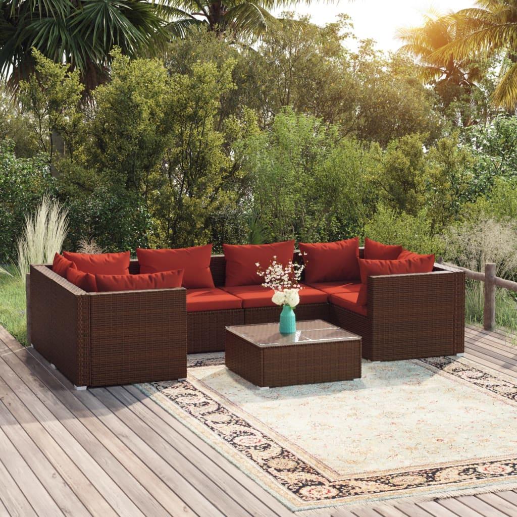 7 Piece Garden Lounge Set with Cushions Poly Rattan Brown