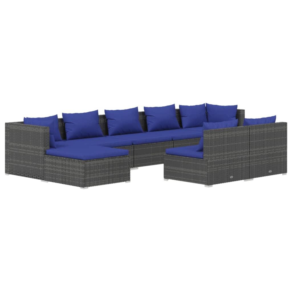 9 Piece Garden Lounge Set with Cushions Grey Poly Rattan
