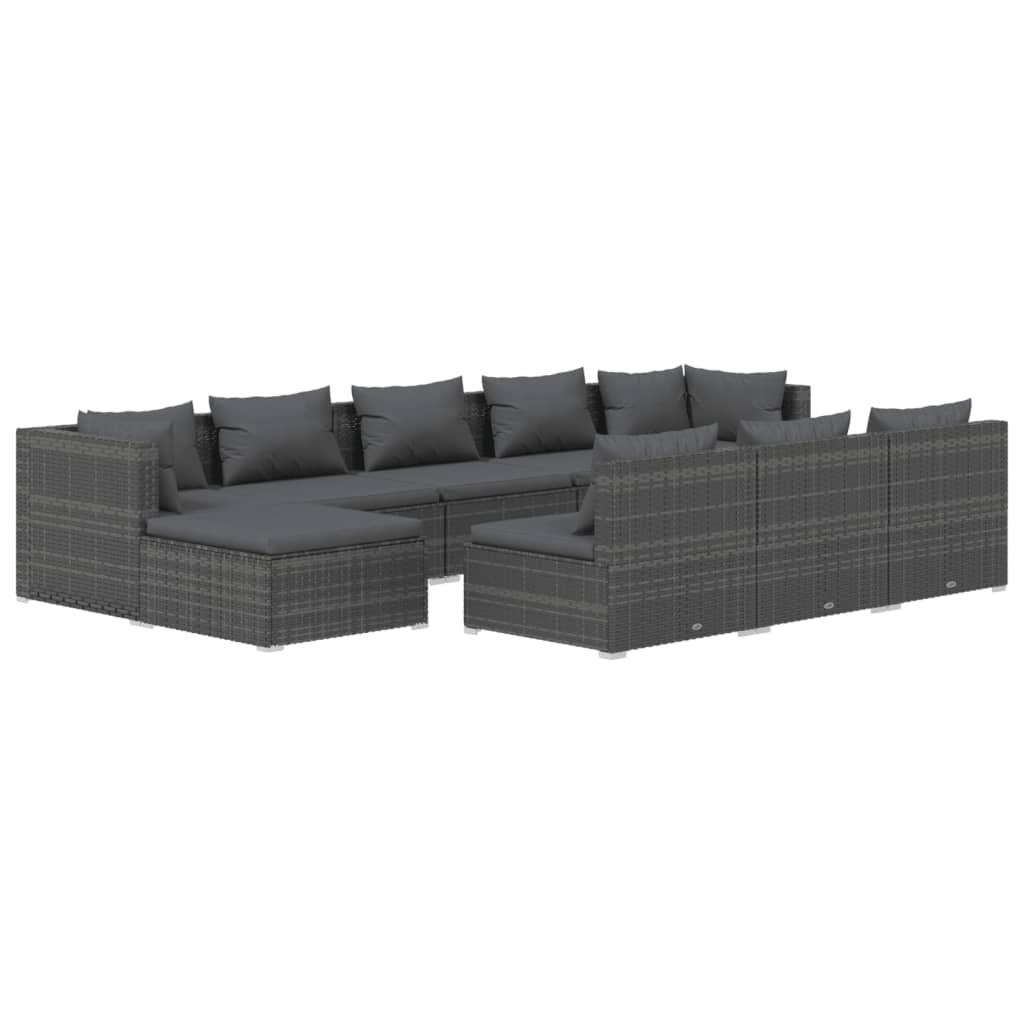 10 Piece Garden Lounge Set with Cushions Grey Poly Rattan
