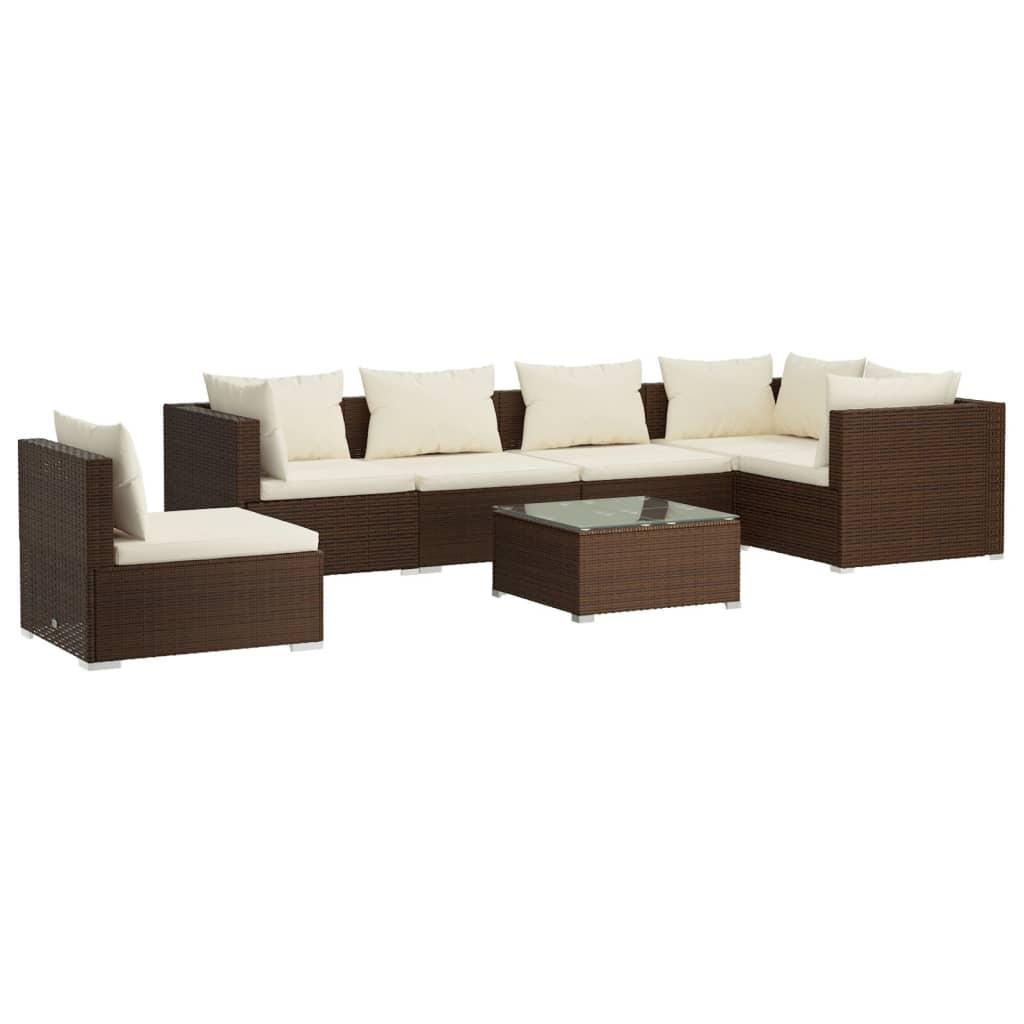 7 Piece Garden Lounge Set with Cushions Poly Rattan Brown