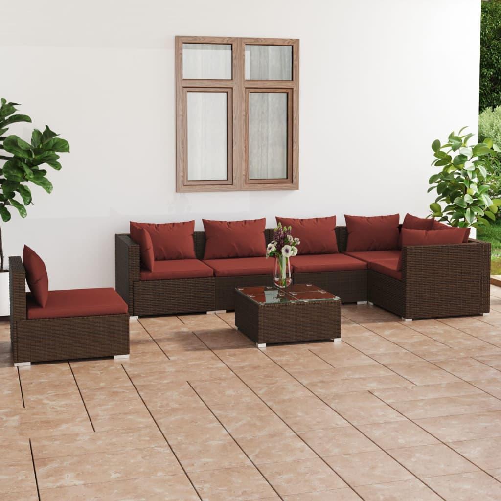 7 Piece Garden Lounge Set with Cushions Poly Rattan Brown