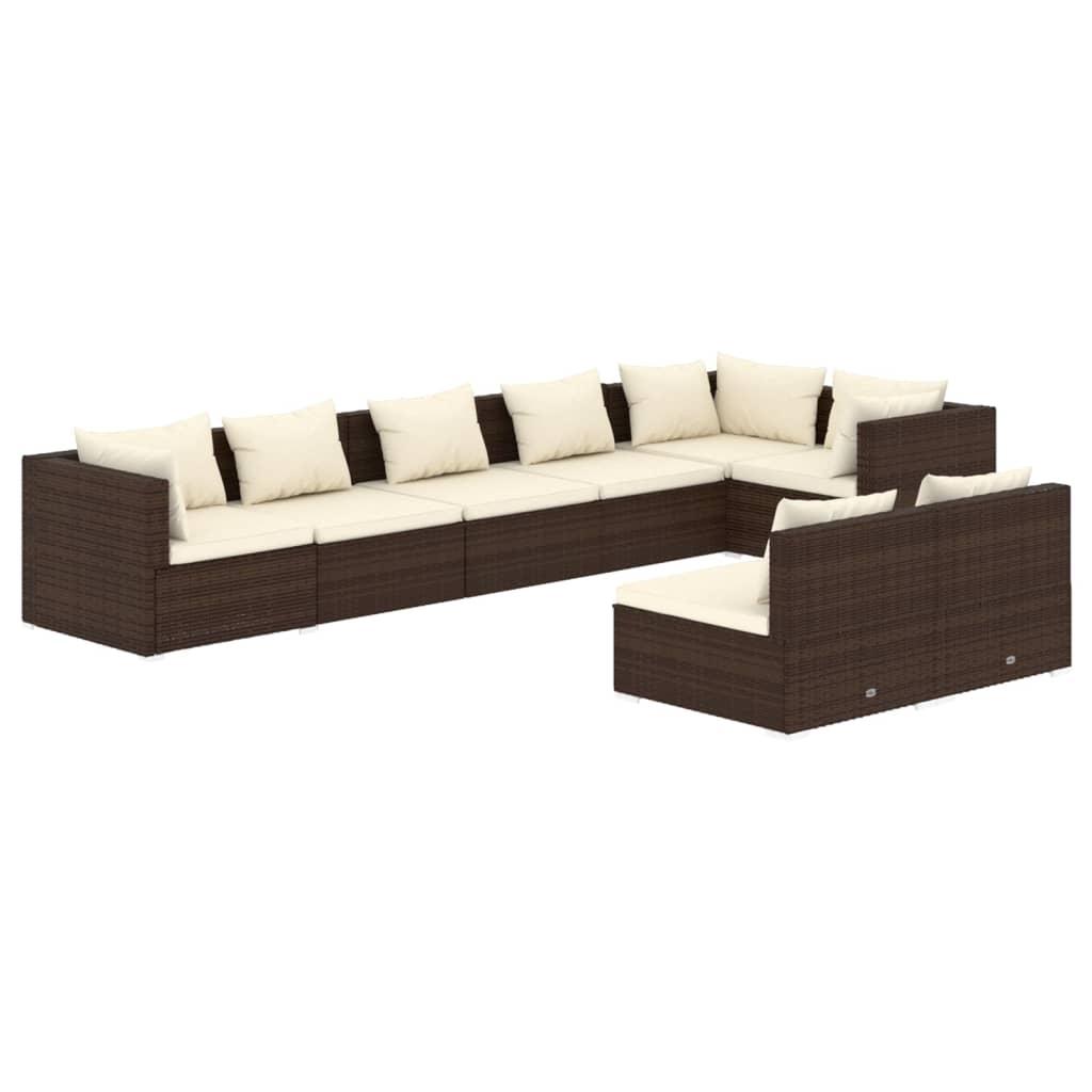 8 Piece Garden Lounge Set with Cushions Brown Poly Rattan