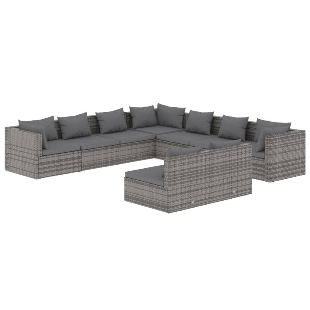 9 Piece Garden Lounge Set with Cushions Grey Poly Rattan