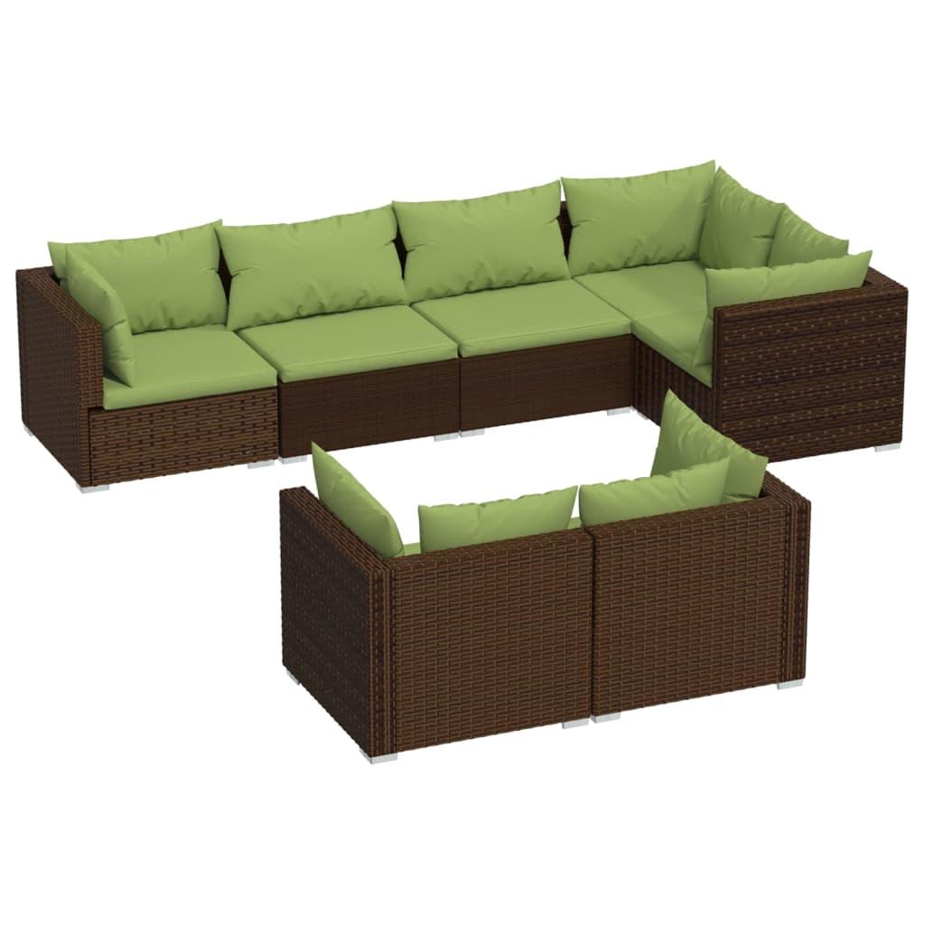 7 Piece Garden Lounge Set with Cushions Brown Poly Rattan