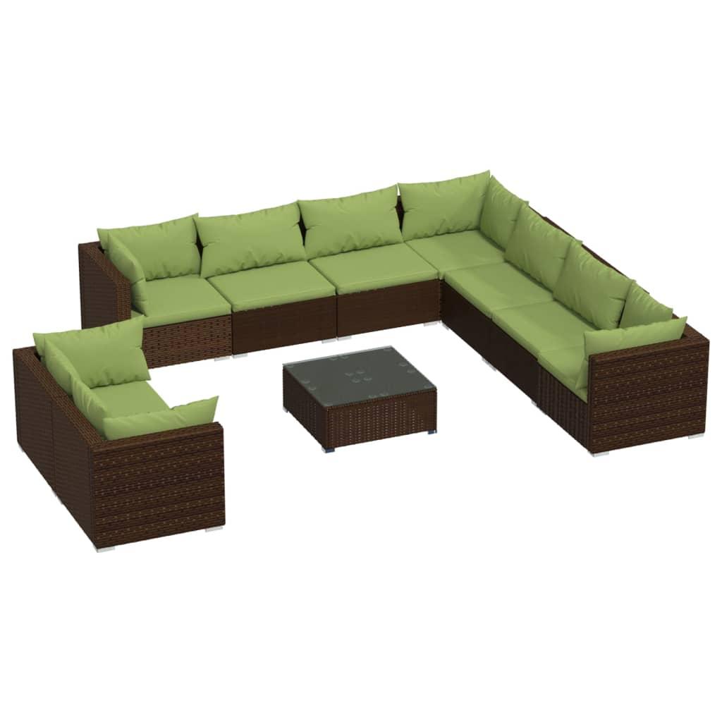 10 Piece Garden Lounge Set with Cushions Brown Poly Rattan