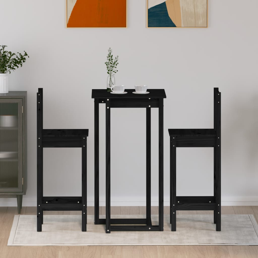 3 Piece Bar Set Black Solid Wood Pine