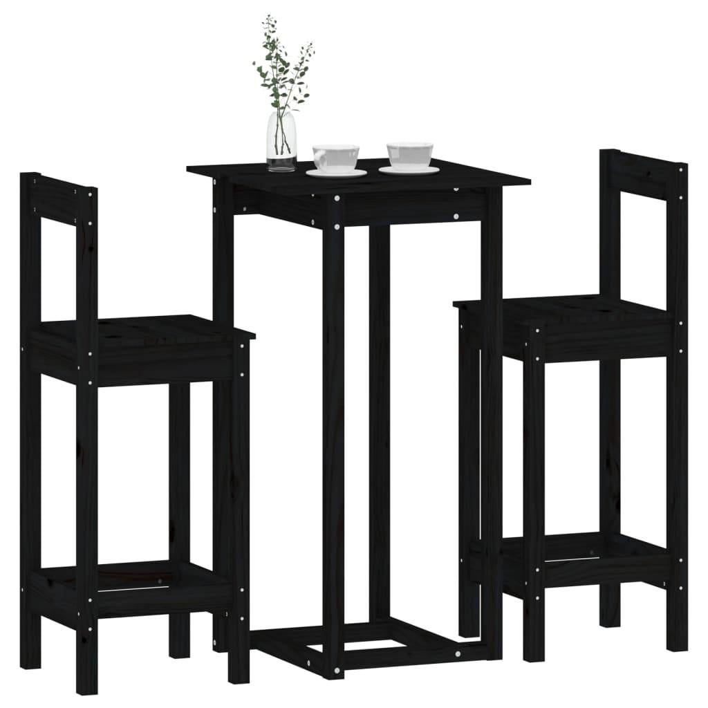 3 Piece Bar Set Black Solid Wood Pine