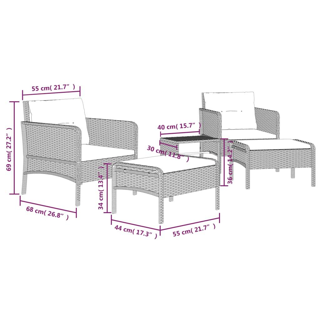 5 Piece Garden Lounge Set with Cushions Grey Poly Rattan