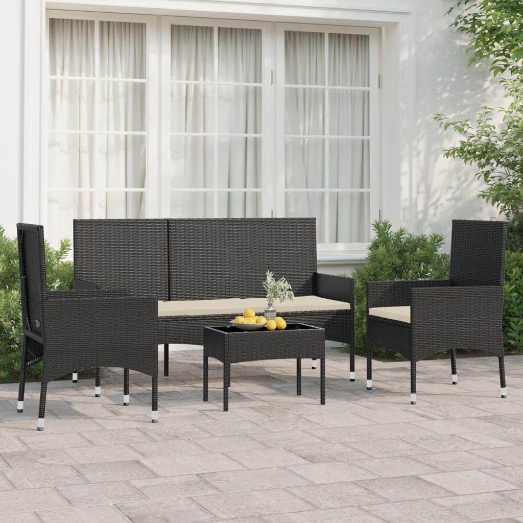 4 Piece Garden Lounge Set with Cushions Black Poly Rattan